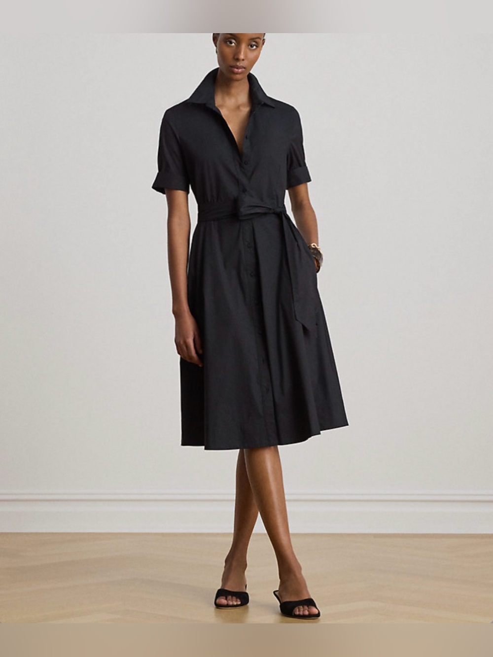 Lauren Ralph Lauren Sz 8 Black Belted Cotton-Blend Fit & Flare Midi Shirt Dress